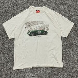 Vintage 90s Jaguar XK 120C 1953‎ Racing Graphic T-Shirt Mens XL Cream Cotton B&C